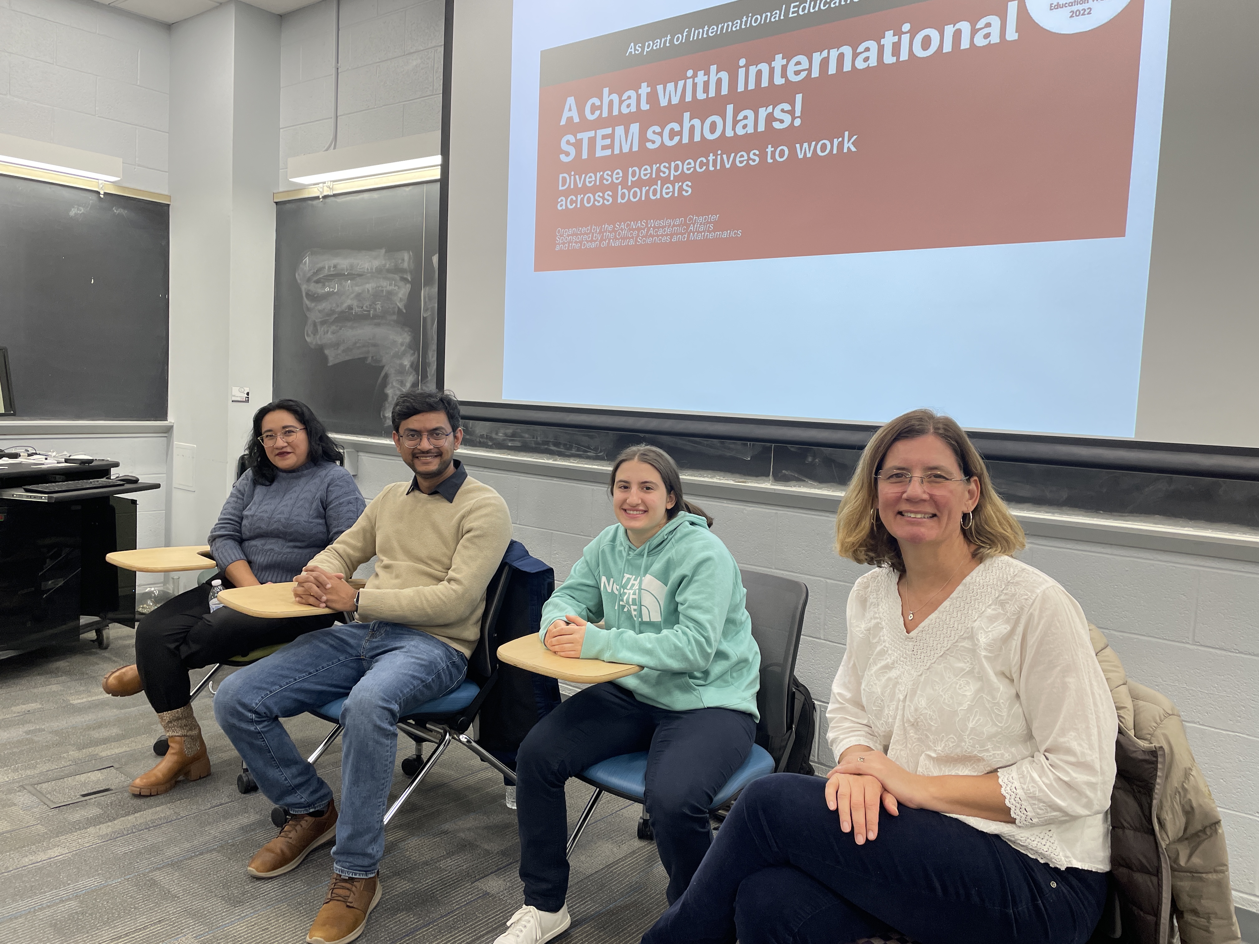 Three international STEM scholars and the Director of Intercultural Learning at Wes Anita Deeg-Carlin 